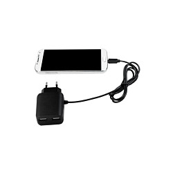 USB-A charger, 10.5 W, 3-port, 2x USB-A, 1x Micro-USB cable, black