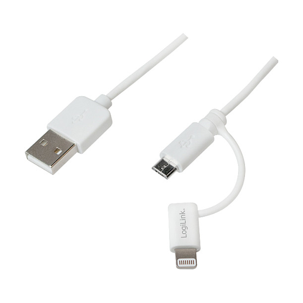 USB 2.0 cable, USB-A/M to Micro-USB + Lightning/M, white, 1 m