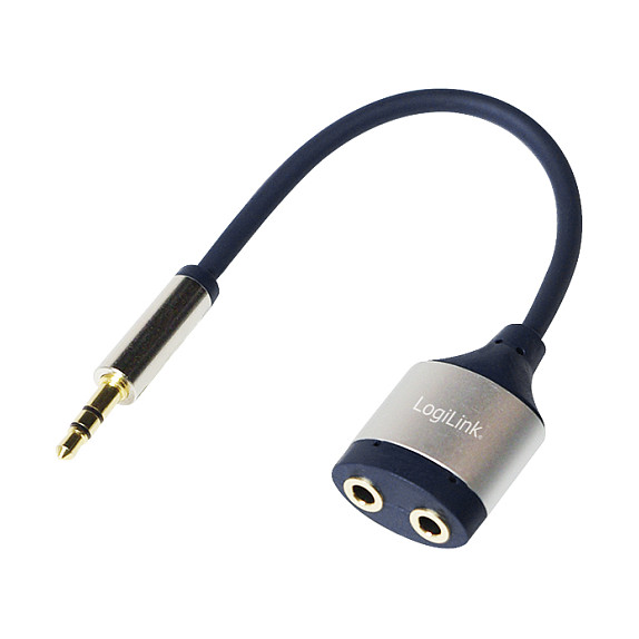 Audio cable, 3.5 mm 3-pin/M to 2x 3.5 mm/F, metal, blue, 0.18 m