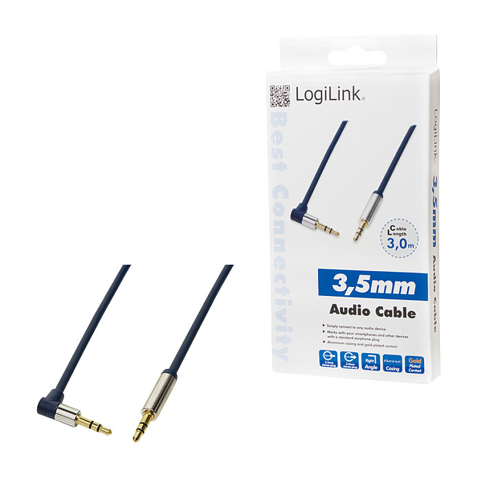 Audio cable, 3.5 mm 3-pin/M (90°) to 3.5 mm 3-pin/M, metal, blue, 3 m