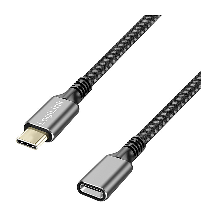 USB 3.2 Gen1 Type-C cable, C/M to C/F, 5 Gbps, 100W, nylon, alu, black/grey,2 m