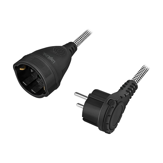 Logilink Power cord extension, CEE 7/7 to CEE 7/3, textile cable, black/grey, 3 m