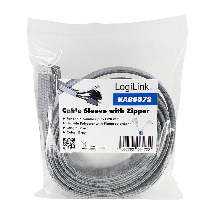 Logilink Cable sleeve with zipper, Polyester, OD: 30 mm, grey, 2 m