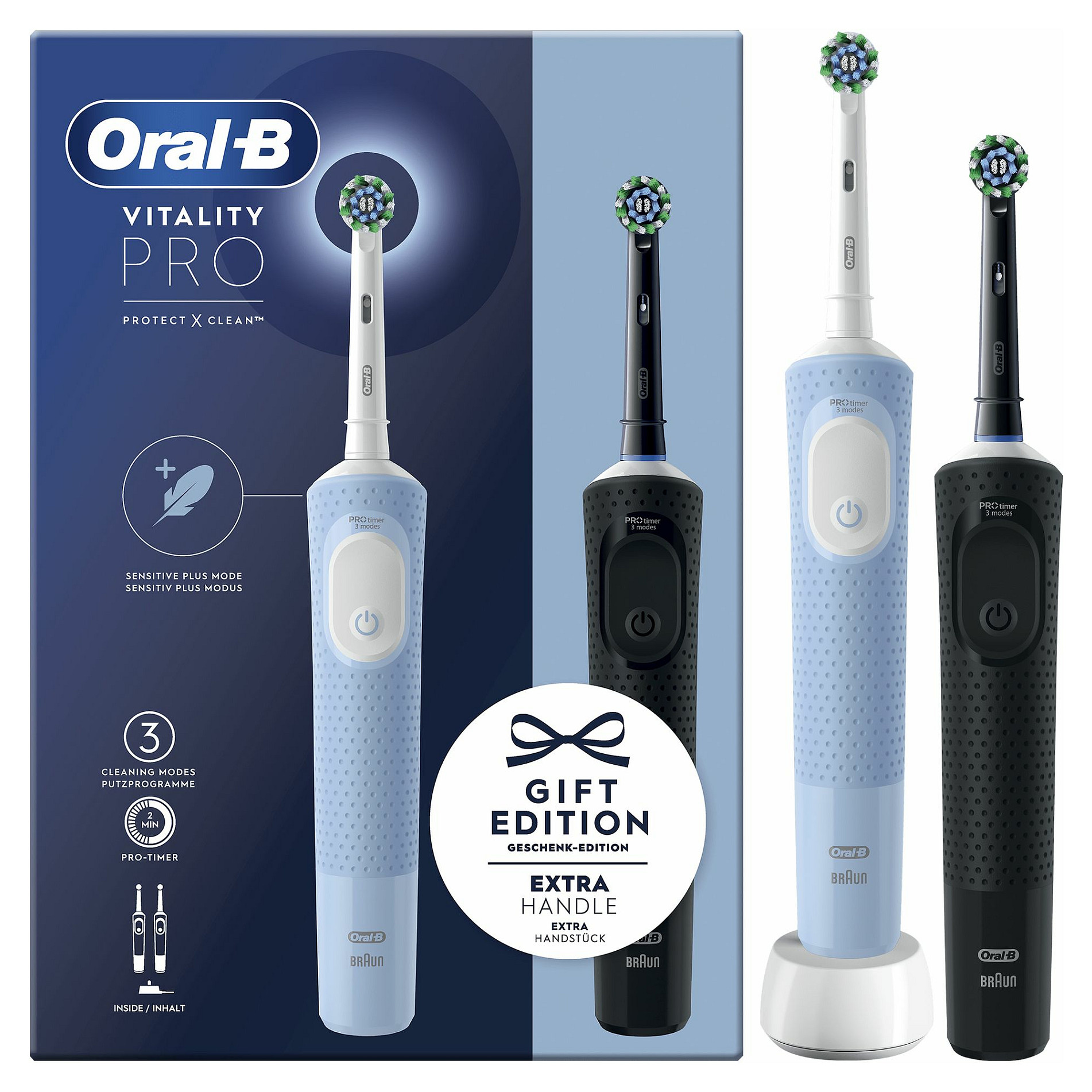 Oral-B Vitality Pro D103 Duo, Elektrische Zahnbürste (schwarz/blau, Black/Blue, inkl. 2. Handstck)