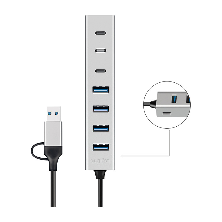 Logilink USB 3.0 Hub, 7-port, 4x USB-A 3x USB-C, aluminum housing
