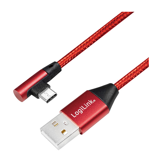 Logilink USB 2.0 Type-C cable, C/M (90°) to A/M, fabric, red, 1 m