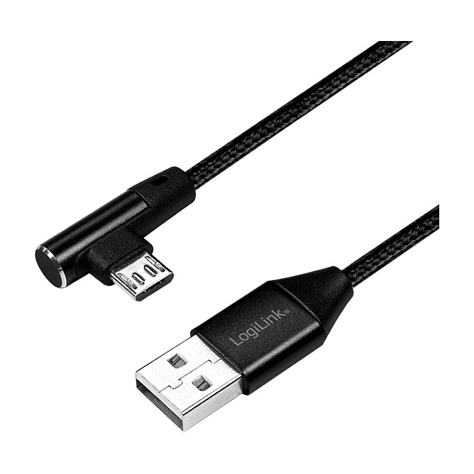 USB 2.0 cable, USB-A/M to Micro-USB/M (90°),fabric, metal, black, 1 m