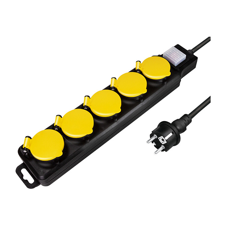 Outlet Strip, 5 safety sockets, outdoor, w/switch, IP44, black