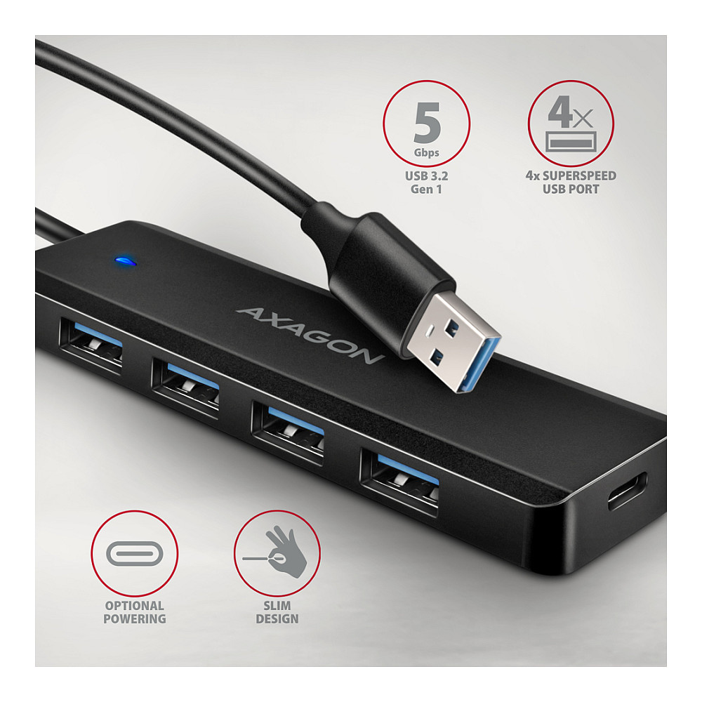AXAGON HUE-C1A Superspeed USB-A Travel Hub, 4x USB 3.0 - 20cm, schwarz