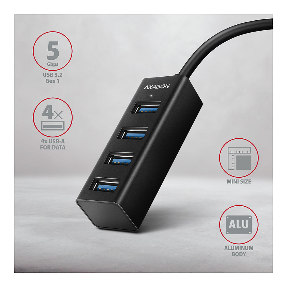 AXAGON HUE-M1A Superspeed USB-A Mini Hub, 4x USB 3.0 - 20cm, schwarz