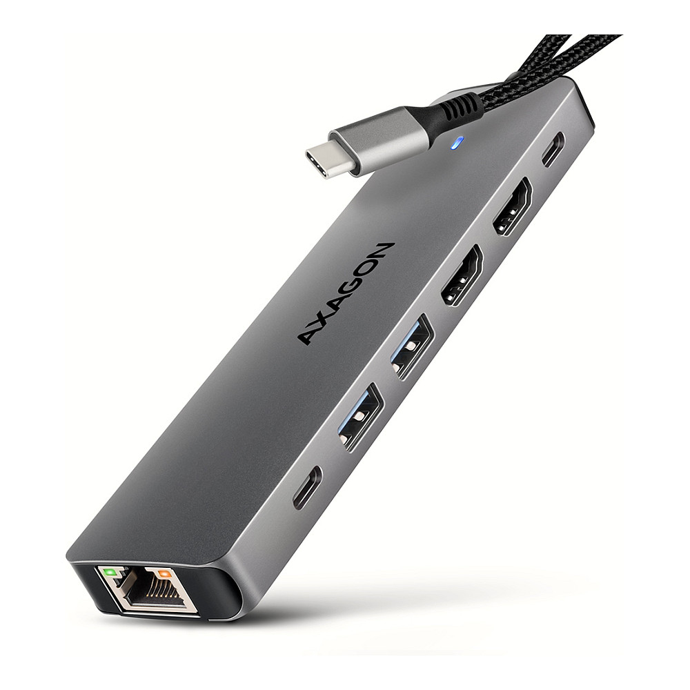 AXAGON HMC-7HX2 USB-Hub, 2x USB-A, 1x USB-C, 2x HDMI 2.0, 1x RJ45, 100 W PD – silber