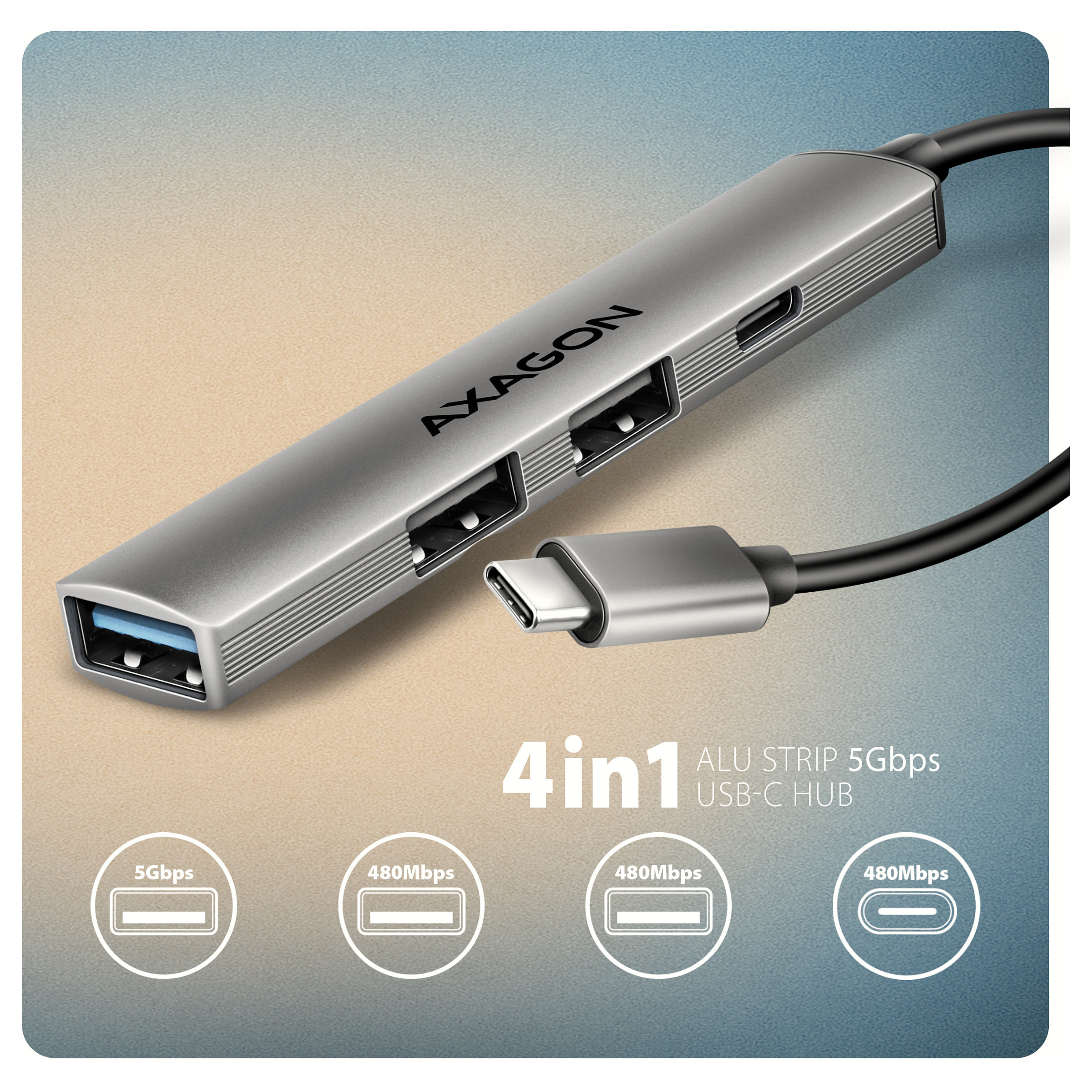 AXAGON HUE-STC USB-Hub - 3x USB-A, 1x USB-C, 12cm USB-C-Kabel