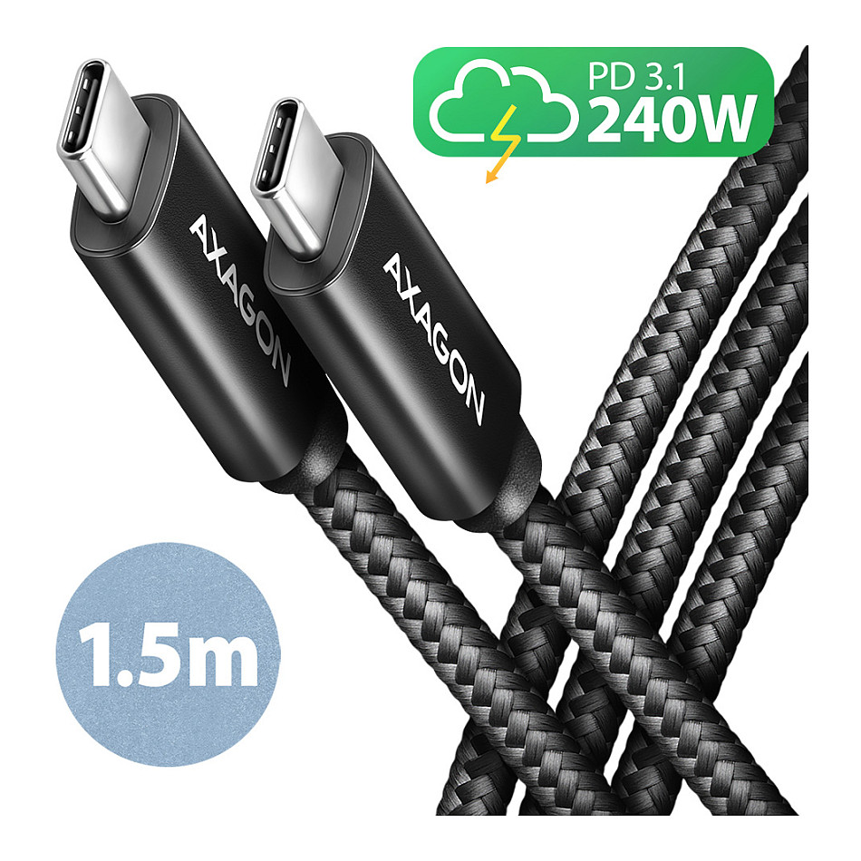 AXAGON BUCM2-CM15AB Ladekabel USB-C zu USB-C 2.0, 1,5 m, PD 240 W 5 A, ALU - Schwarz