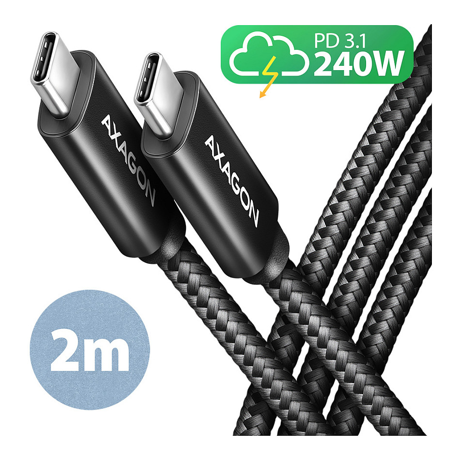 AXAGON BUCM2-CM20AB Ladekabel USB-C zu USB-C 2.0, 2 m, PD 240 W 5 A, ALU - Schwarz