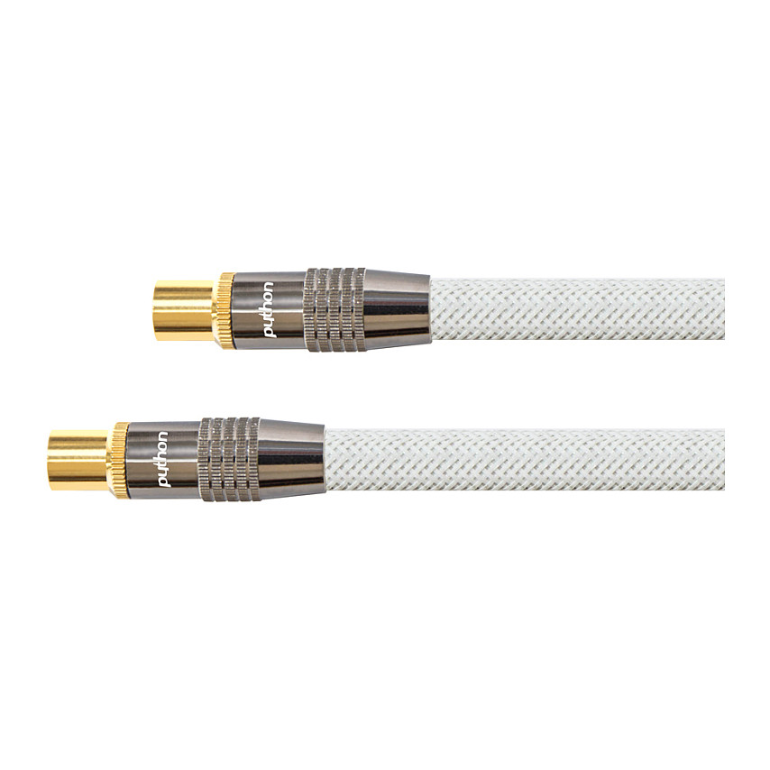 TV Antennenkabel, IEC/Koax Stecker an Buchse, vergoldet, vierfach geschirmt, 120 dB, 75 Ohm, Nylongeflecht, weiß, 1m, PYTHON® Series