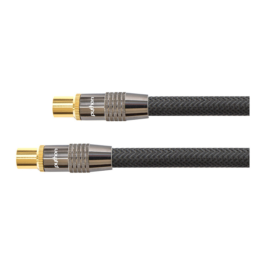 TV Antennenkabel, IEC/Koax Stecker an Buchse, vergoldet, vierfach geschirmt, 120 dB, 75 Ohm, Nylongeflecht, schwarz, 1m, PYTHON® Series