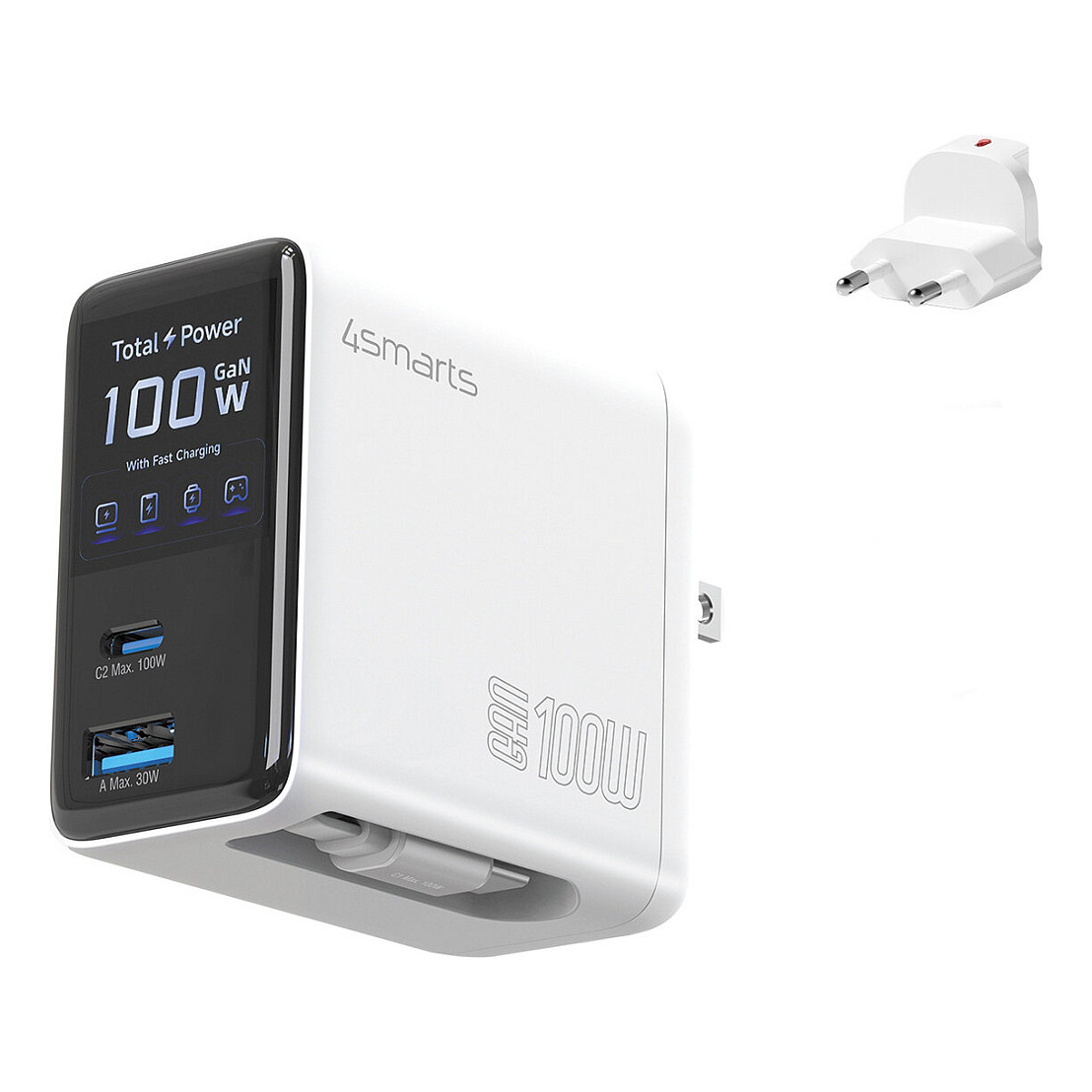 4smarts Ladegert GaN Flex Screen AI 100W 2 USB-C+1 USB-A wei