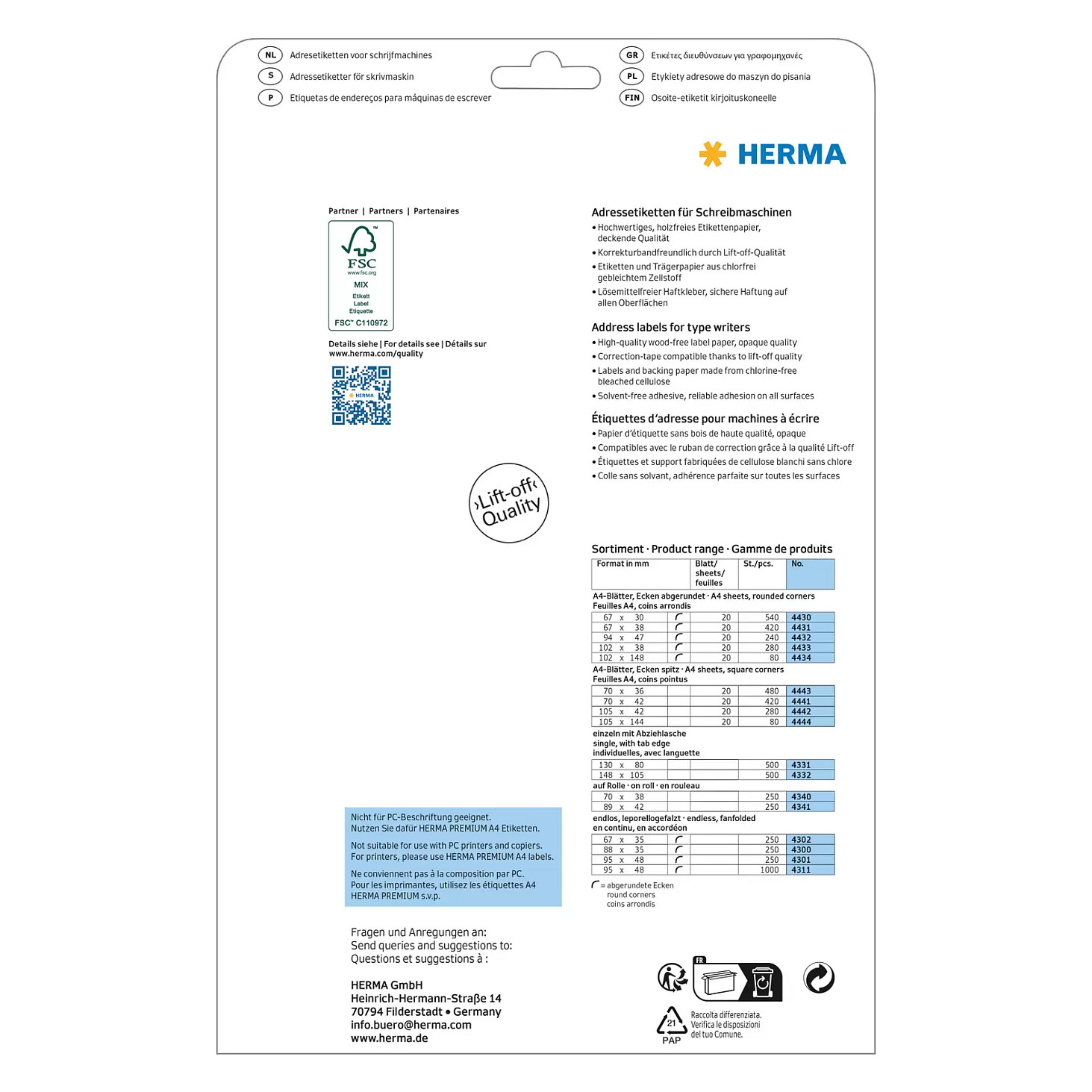 HERMA Adressetiketten 4443 weiß - 480 Stück