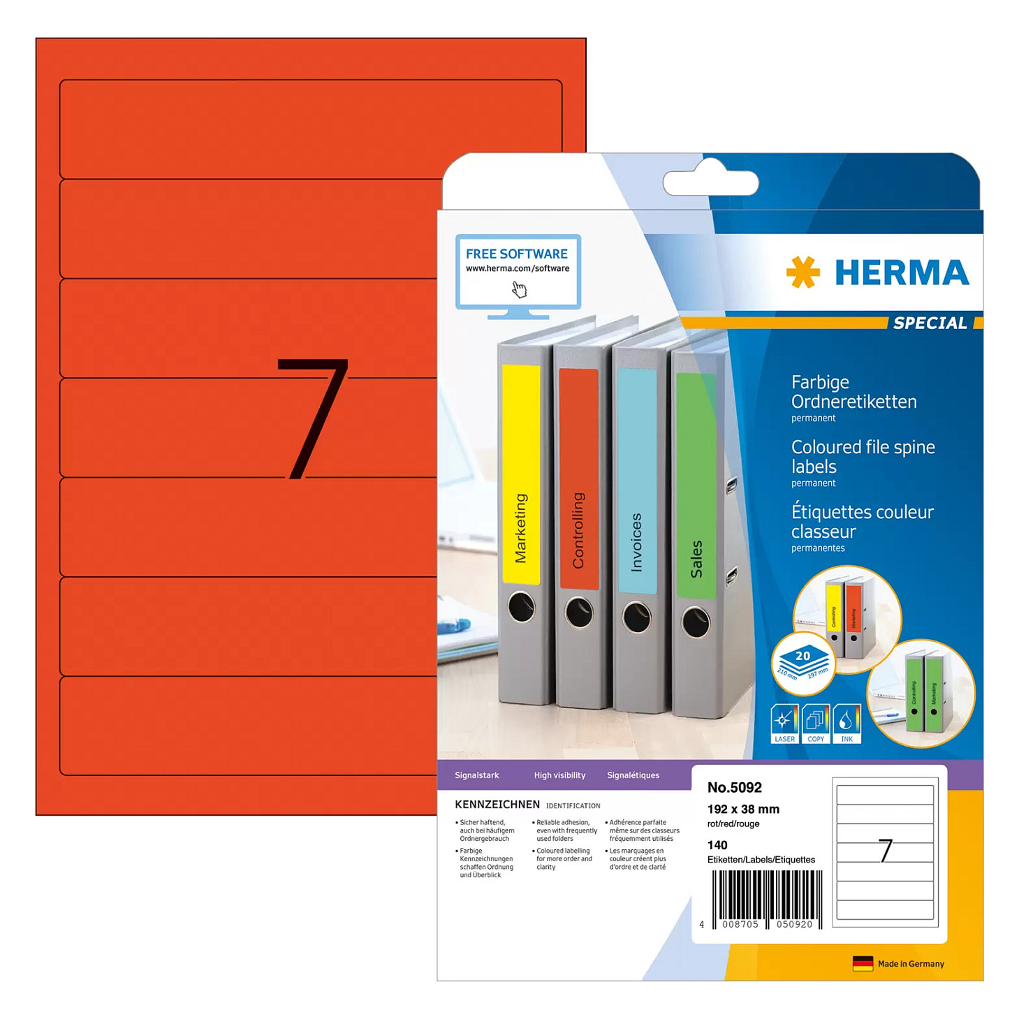 HERMA Ordneretiketten rot 38,0 x 192,0 mm Papier