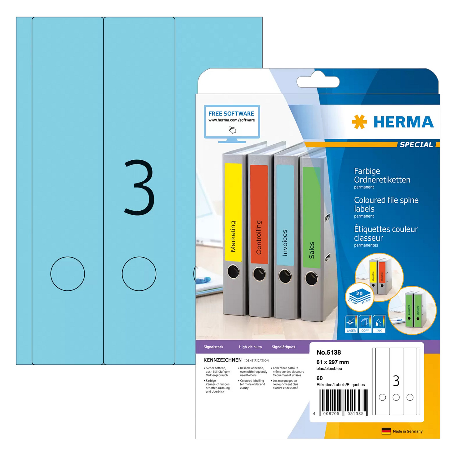 HERMA Ordneretiketten 61,0 x 297,0 mm blau Papier