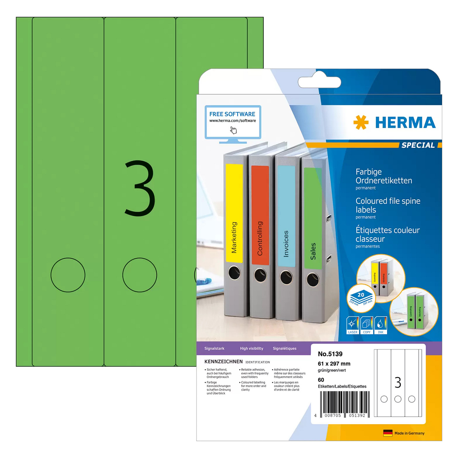 HERMA Ordneretiketten 61,0 x 297,0 mm grün Papier
