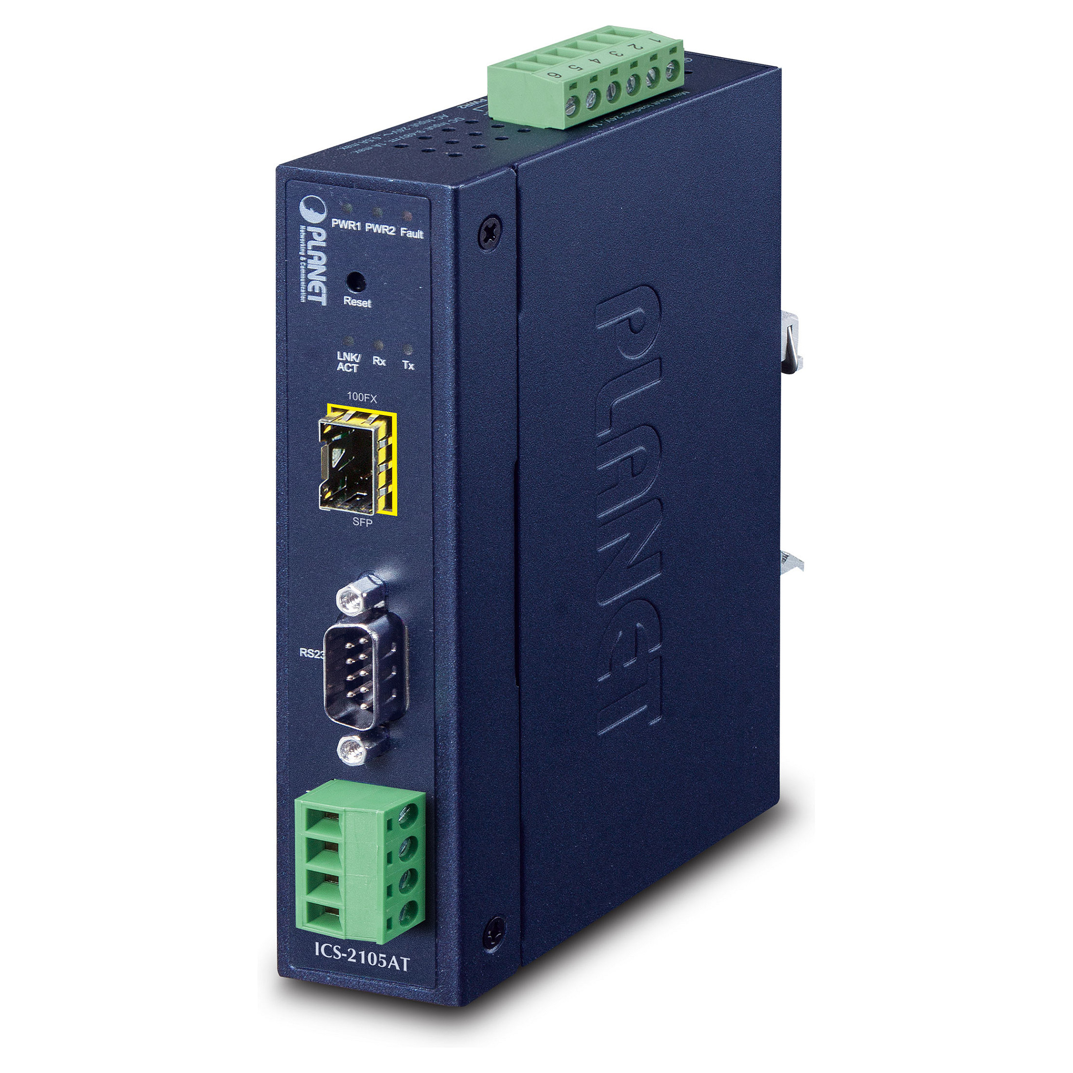 industrial RS-232 -422 -485 to IP converter - 1x COM - 1x 100Base-FX -SFP - 9-48VDC - -40-+75