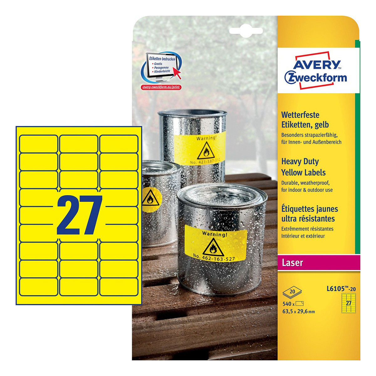 AVERY Zweckform wetterfeste Folienetiketten 63,5 x 29,6 mm Papier