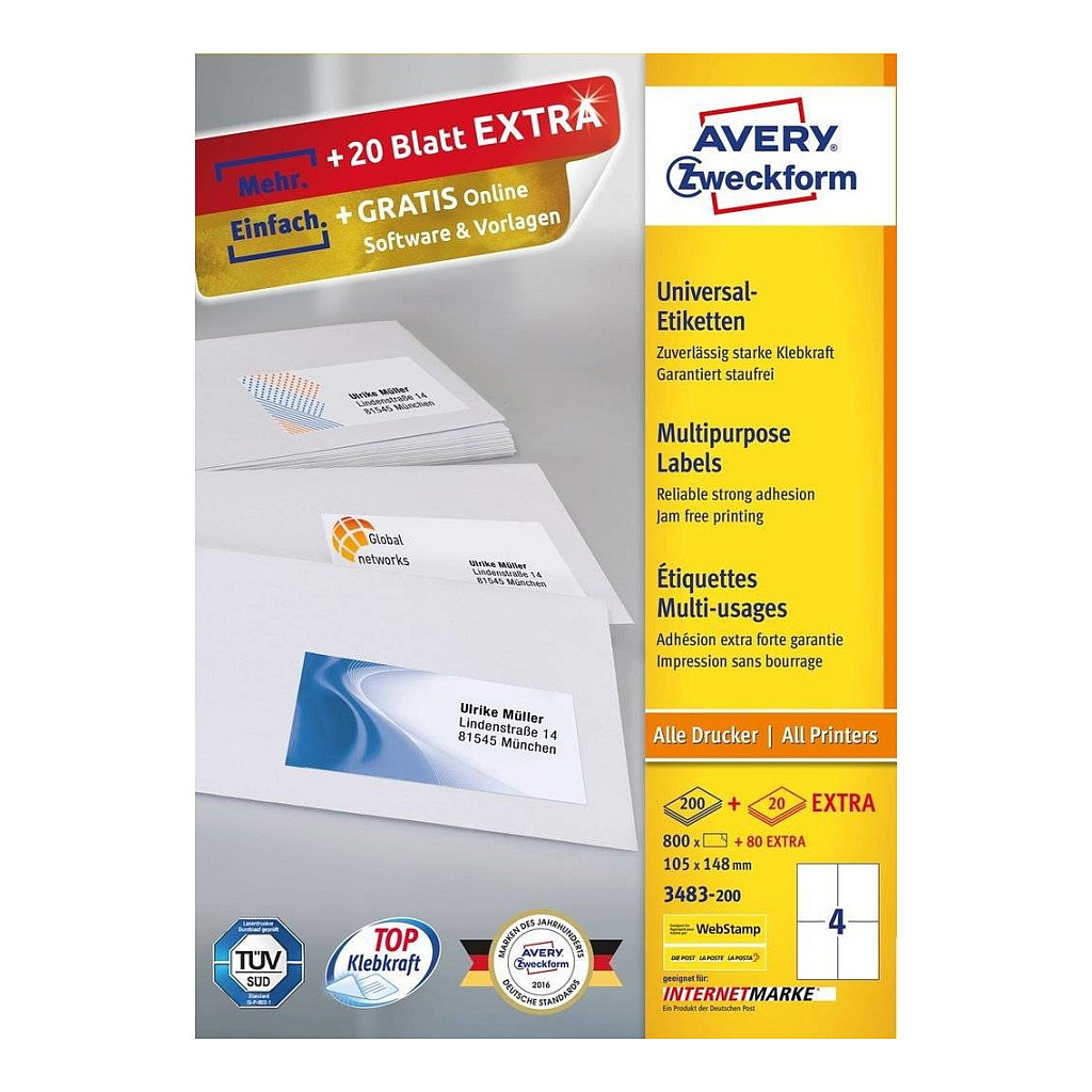AVERY Zweckform Etiketten 3483-200 weiß 105,0 x 148,0 mm - 880 Stück Papier