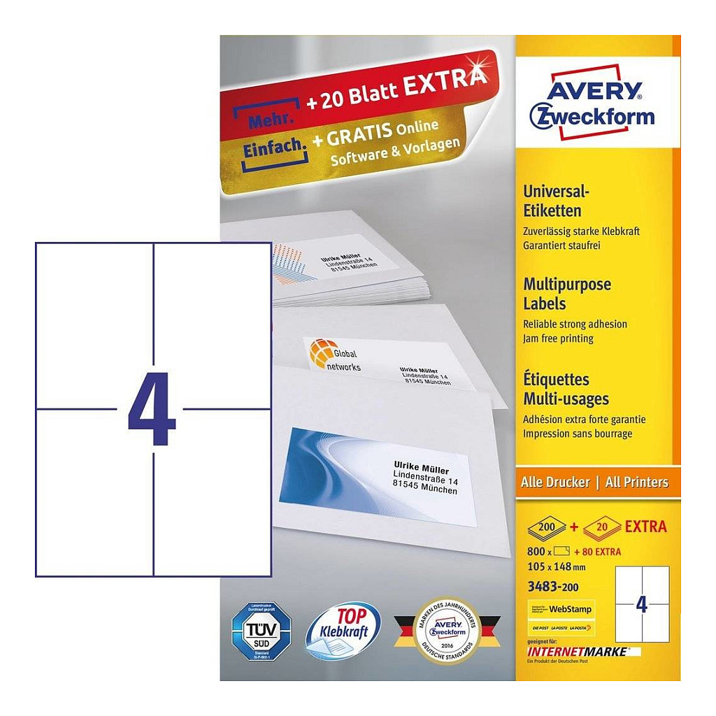 AVERY Zweckform Etiketten 3483-200 weiß 105,0 x 148,0 mm - 880 Stück