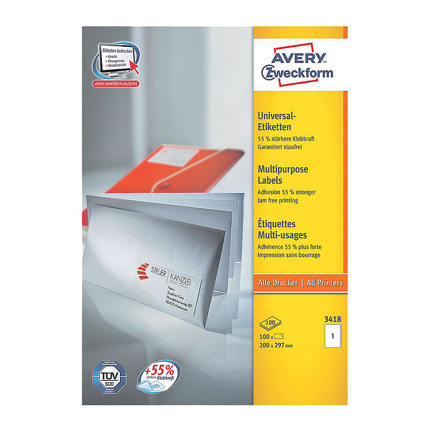 AVERY Zweckform Etiketten 3418 weiß 200,0 x 297,0 mm Papier