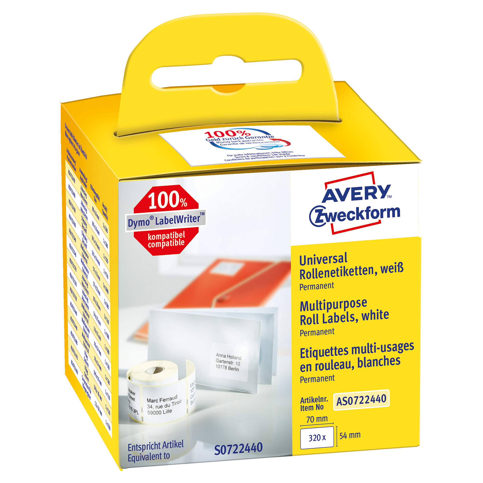 AVERY Zweckform Etikettenrolle für Etikettendrucker AS0722440 weiß, 70,0 x 54,0 mm, 1 x 320 Etiketten Papier