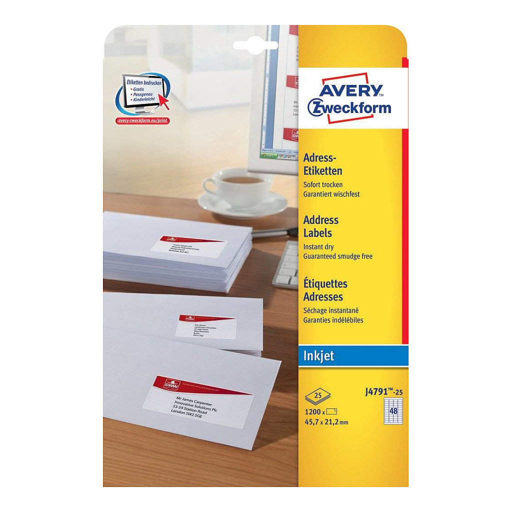 AVERY Zweckform Adressetiketten J4791-25 weiß 45,7 x 21,2 mm Papier