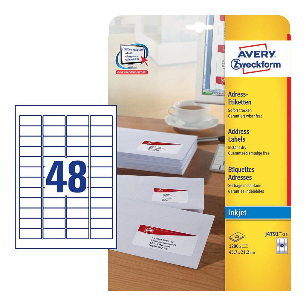 AVERY Zweckform Adressetiketten J4791-25 weiß 45,7 x 21,2 mm