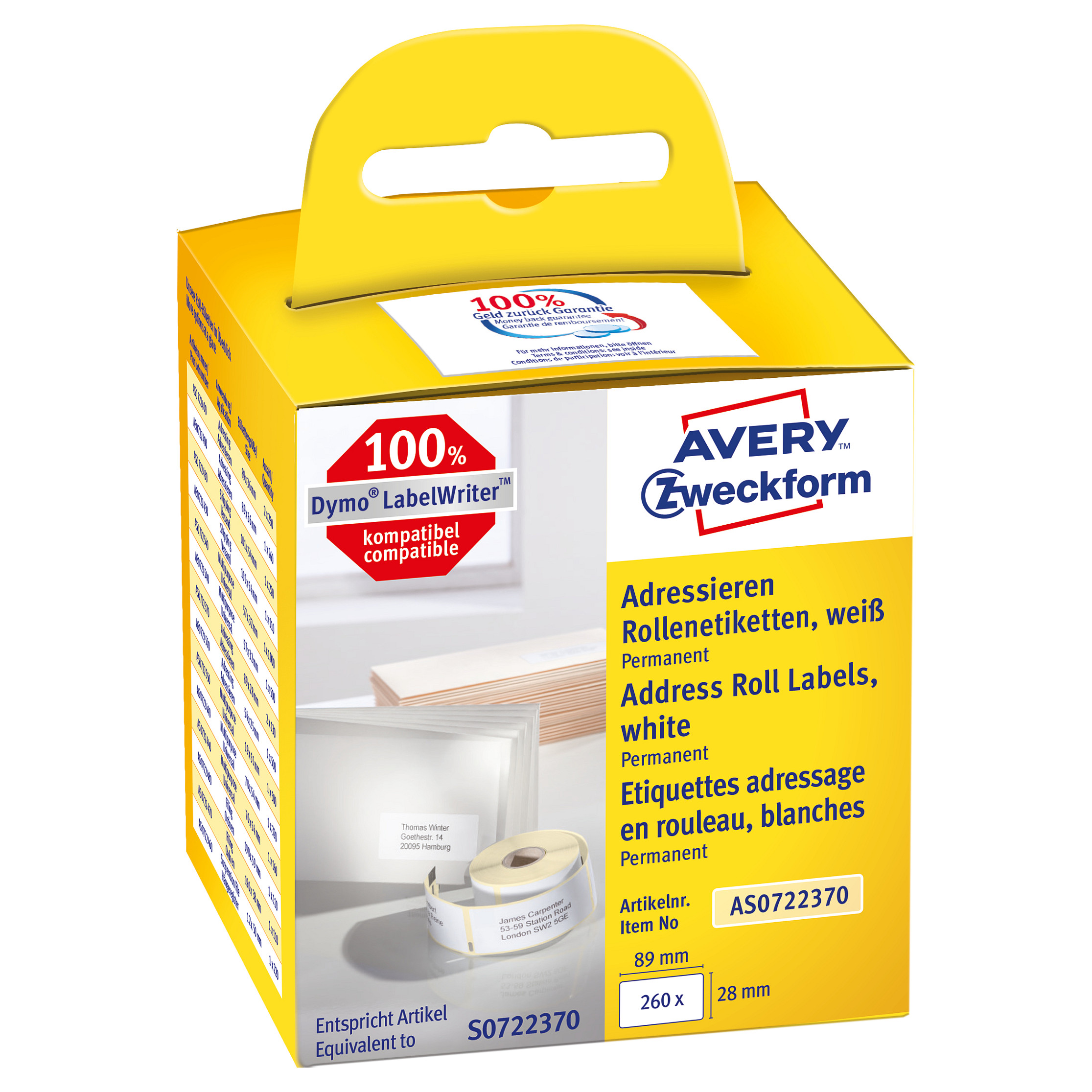 AVERY Zweckform Etikettenrollen für Etikettendrucker weiß, 89,0 x 28,0 mm Papier