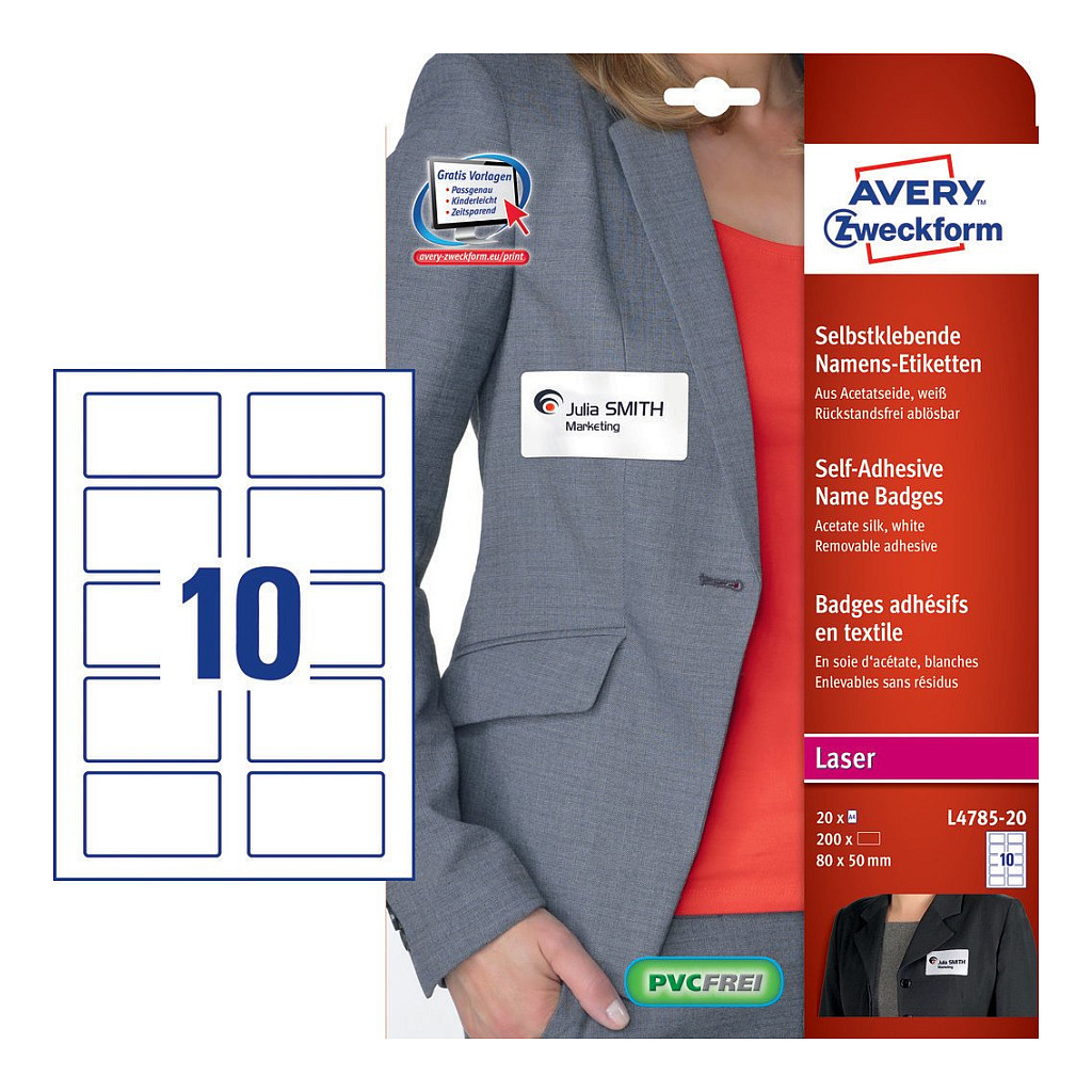 AVERY Zweckform Namensetiketten L4785-20 weiß 80,0 x 50,0 mm - 200 Stück Papier