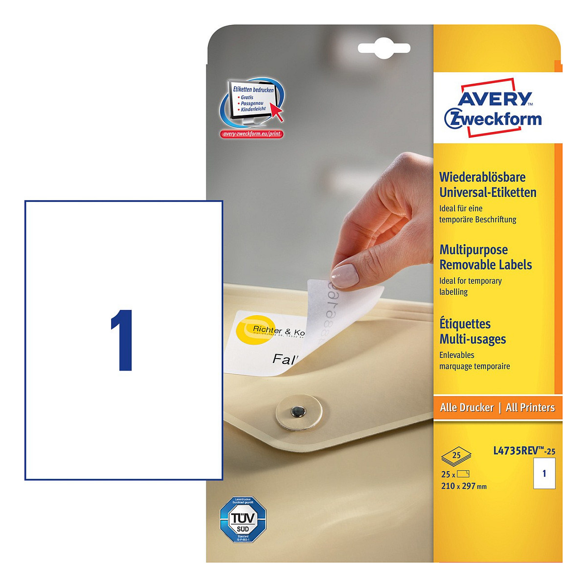 AVERY Zweckform Etiketten L4735REV-25 weiß 210,0 x 297,0 mm Papier