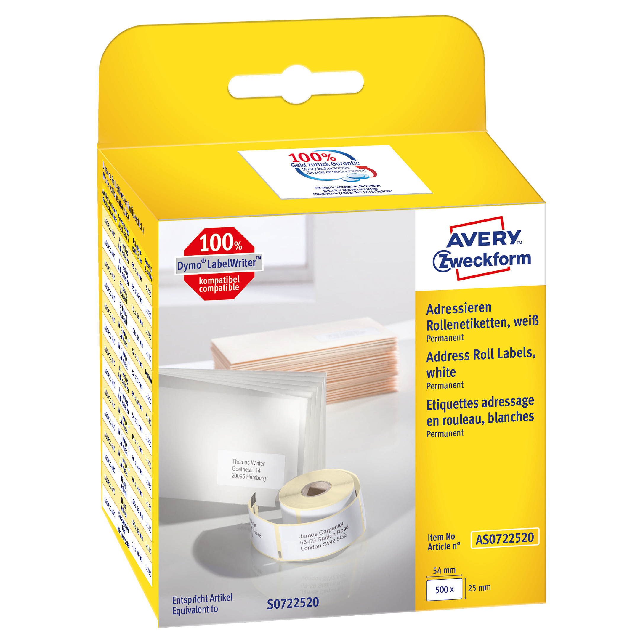 AVERY Zweckform Etikettenrolle für Etikettendrucker AS0722520 weiß, 54,0 x 25,0 mm, 1 x 500 Etiketten Papier
