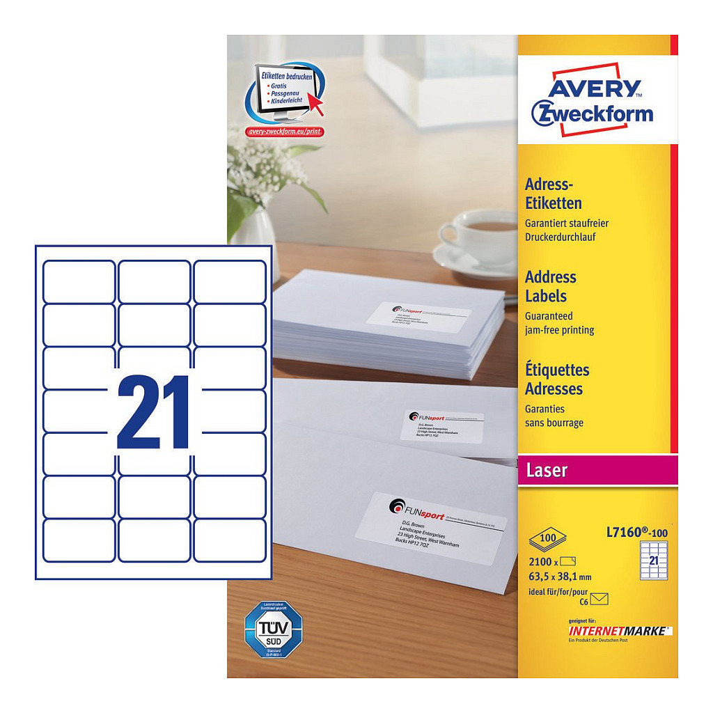 AVERY Zweckform Adressetiketten L7160-100 weiß 63,5 x 38,1 mm Papier