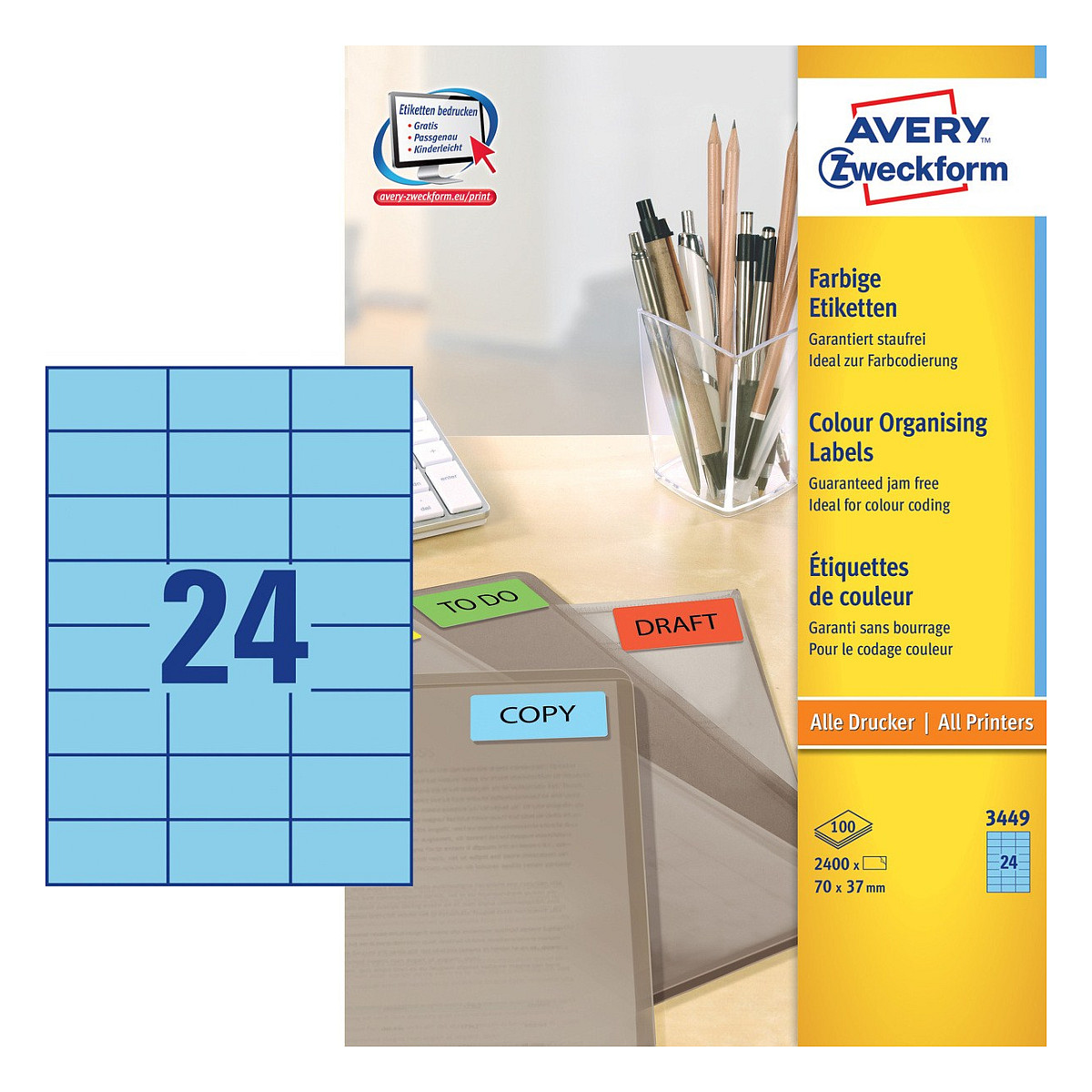 AVERY Zweckform Etiketten 3449 blau 70,0 x 37,0 mm Papier