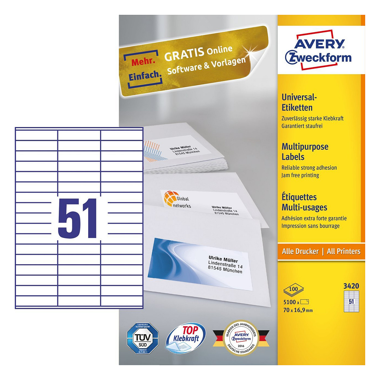 AVERY Zweckform Etiketten 3420 weiß 70,0 x 16,9 mm Papier