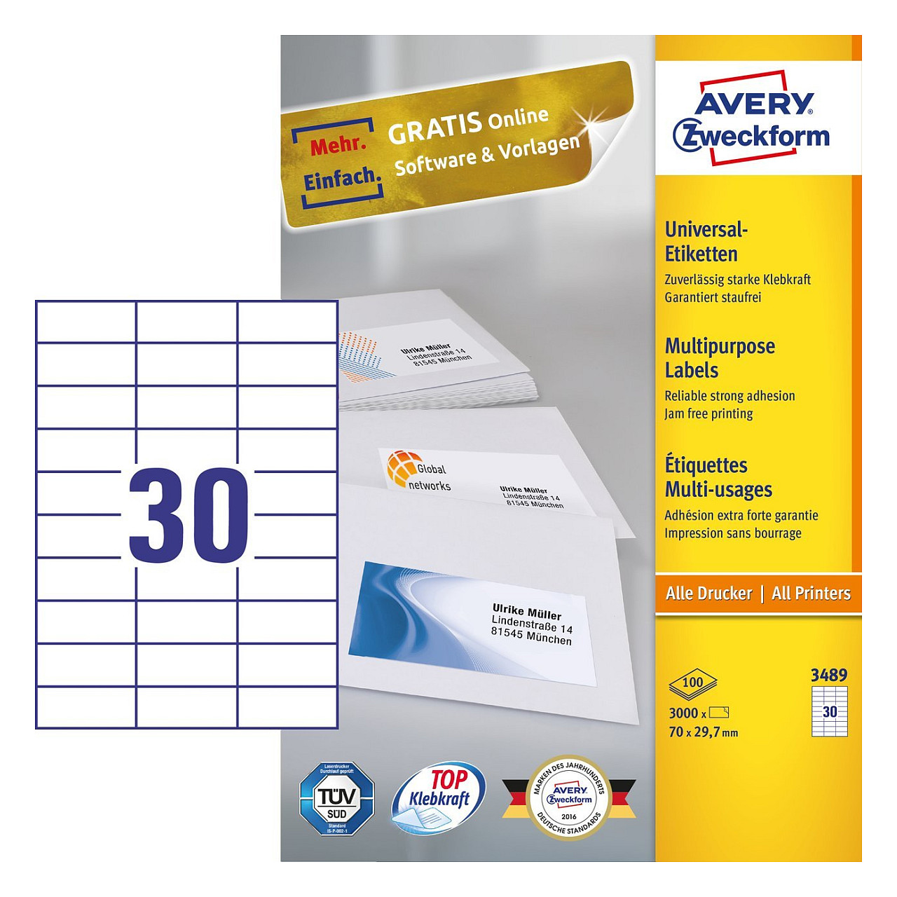 AVERY Zweckform Etiketten 3489 weiß 70,0 x 29,7 mm Papier