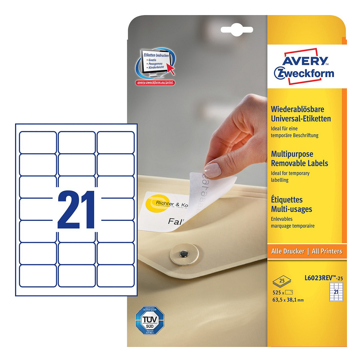 AVERY Zweckform Etiketten L6023REV-25 weiß 63,5 x 38,1 mm - 630 Stück Papier