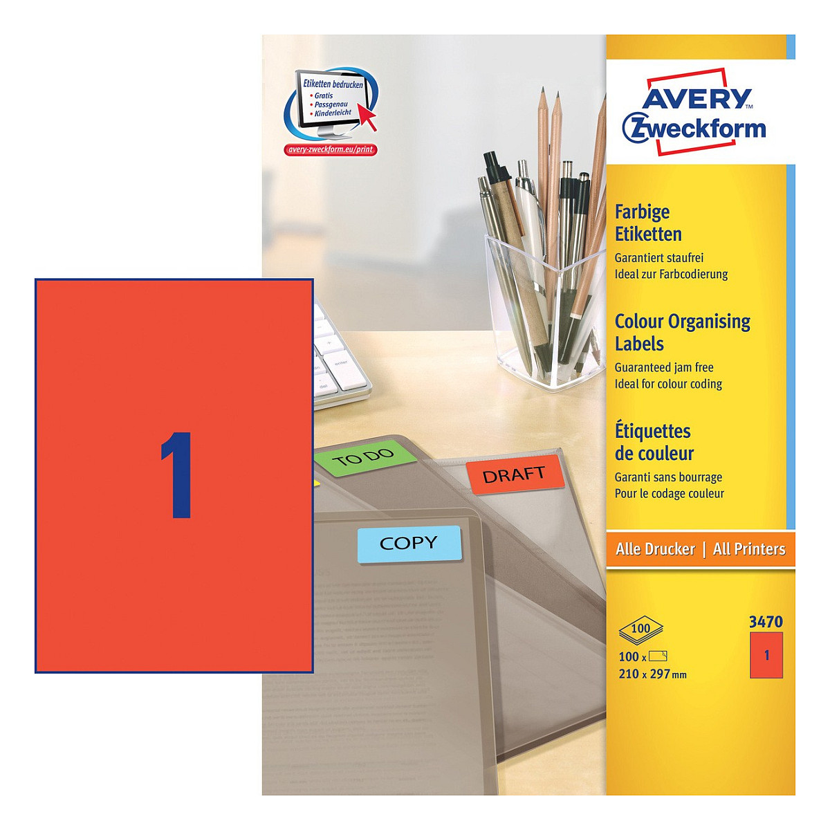 AVERY Zweckform Etiketten 3470 rot 210,0 x 297,0 mm Papier