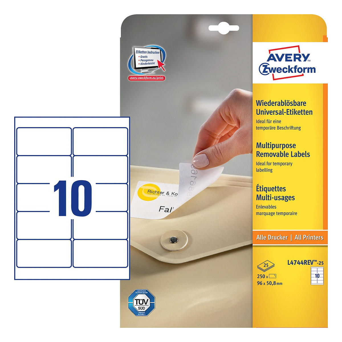 AVERY Zweckform Etiketten L4744REV-25 weiß 96,0 x 50,8 mm - 300 Stück Papier