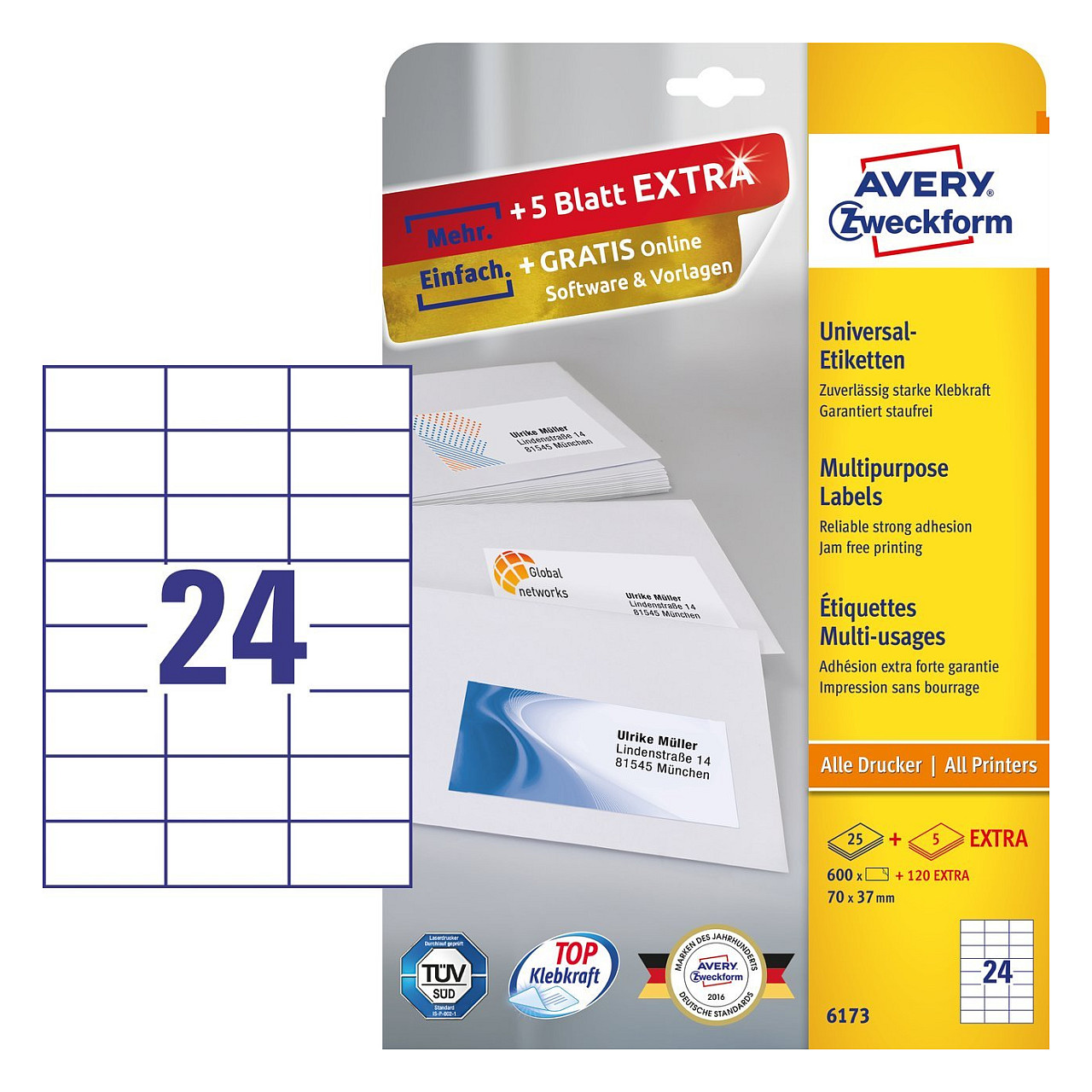 AVERY Zweckform Etiketten 6173 weiß 70,0 x 37,0 mm Papier