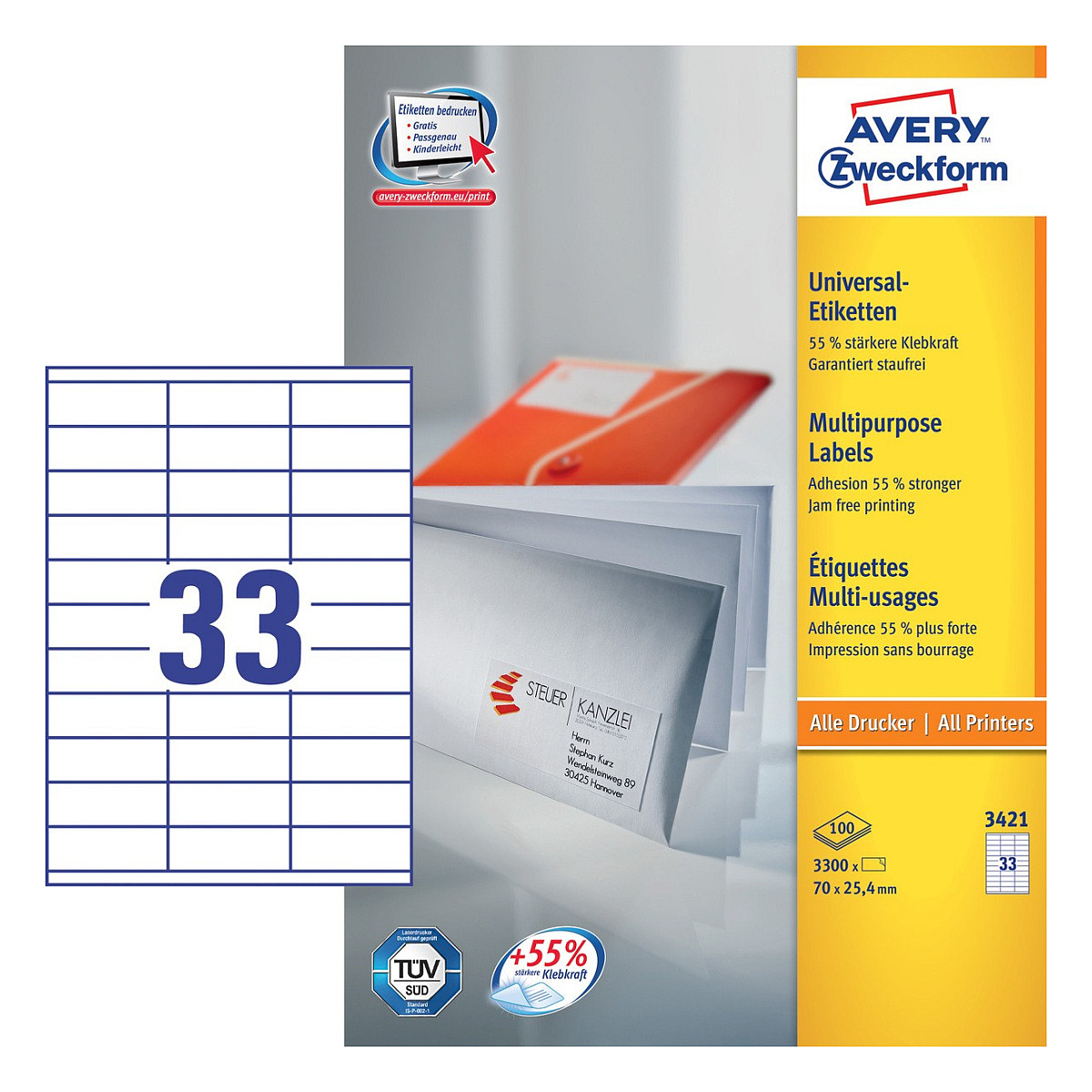 AVERY Zweckform Etiketten 3421 weiß 70,0 x 25,4 mm Papier