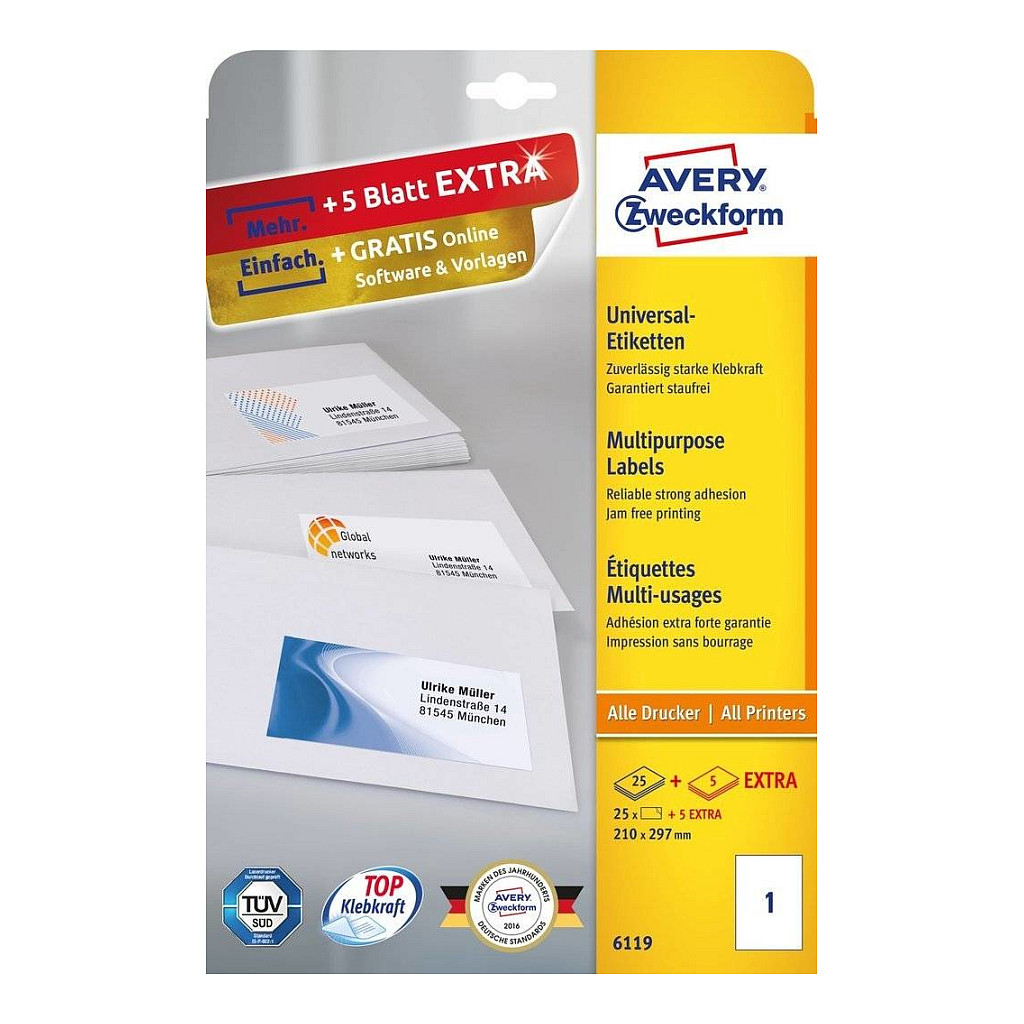 AVERY Zweckform Etiketten 6119 weiß 210,0 x 297,0 mm Papier