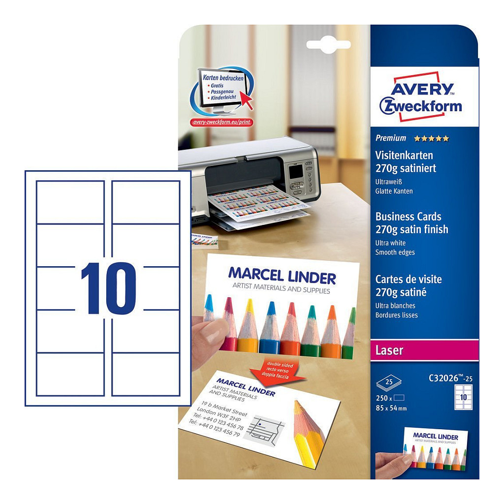 AVERY Zweckform Visitenkarten C32026-25 satiniert weiß 270 g/qm, 250 St.