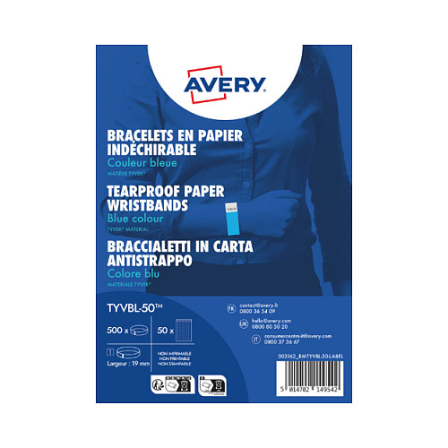 Avery Bracelet d'identification en papier Tyvek 25,6 x 1,9 cm - Lot de 500 - Bleu fluo