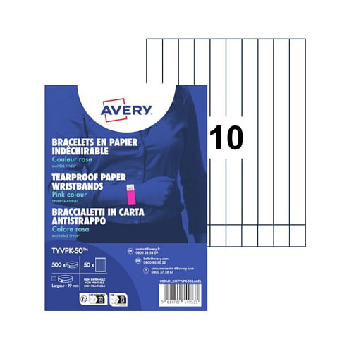 Bracelet d'identification Avery en papier Tyvek 25,6 x 1,9 cm lot de 500 rose fluo